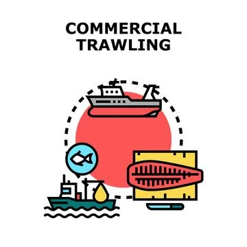 Commercial trawling method for large scale fishing in ocean Stock Illustration