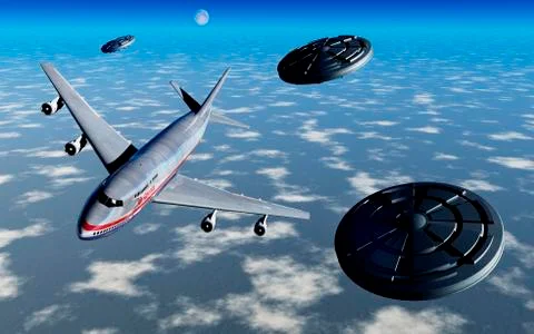 A commerical flight Boeing 747 being stalked by UFO's. Stock Illustration