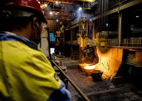 Commissioning of continuous casting machine in steel factory Tata Steel, Ijmuide Stock Photos
