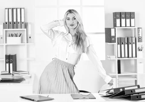 Commitment. Attractive student in modern office. entrepreneur with laptop write Foto stock