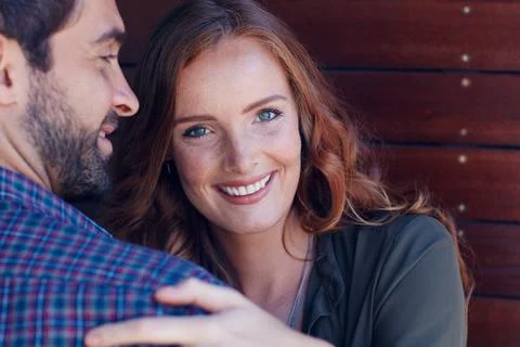 Commitment, hug and portrait of couple in home for bonding, marriage suppor.. Stock Photos