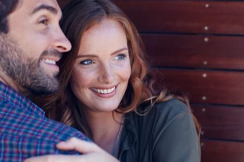 Commitment, hug and smile with couple in home for bonding, marriage support.. Stock Photos