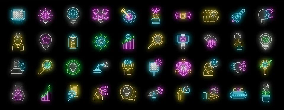 Commitment to innovation icons set vector neon Stock Illustration