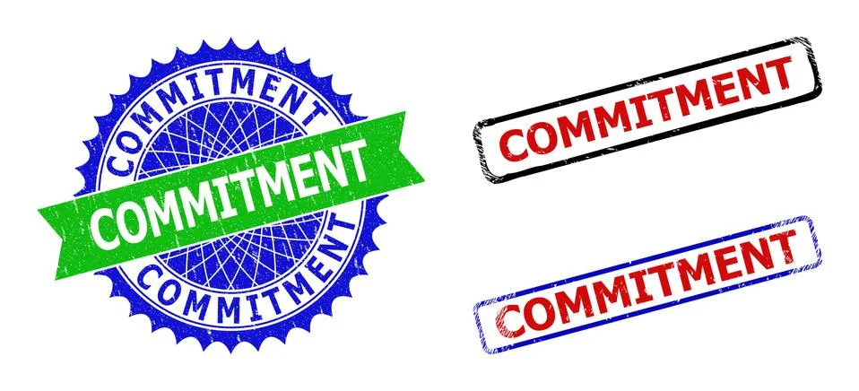 COMMITMENT Rosette and Rectangle Bicolor Watermarks with Grunge Styles Stock Illustration