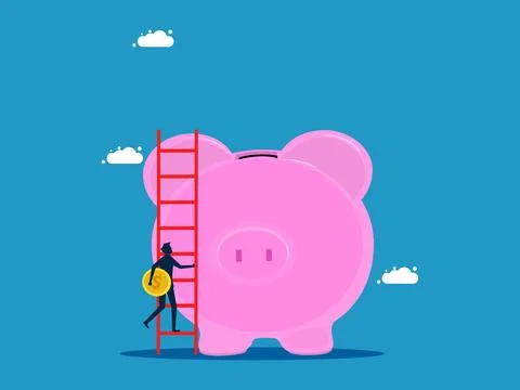 Commitment to saving money. businessman holding a coin climbs a ladder to dro Illustrazione stock