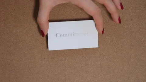 COMMITMENT. Top shot - Hand puts paper card with word. CORE VALUE concept. 스톡 동영상 124438498