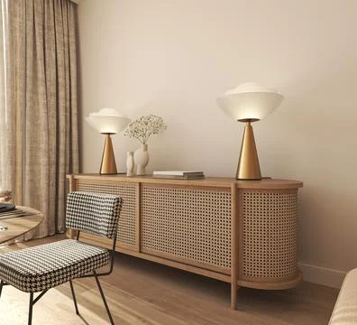 Commode with book, vase and lamp in livingroom interior. Light beige wall mock Illustrazione stock