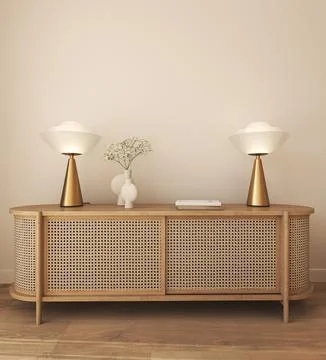 Commode with book, vase and lamp in livingroom interior. Light beige wall mock Stock Illustration