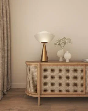 Commode with book, vase and lamp in livingroom interior. Light beige wall mock Stock Illustration