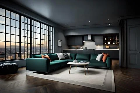 Commode with chair and decor in living room interior, dark blue wall mock up. Stock Photos