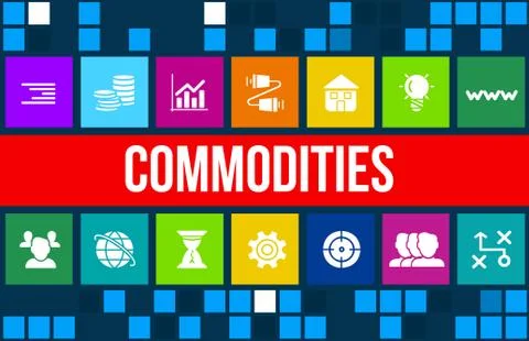 Commodities concept image with business icons and copyspace. Illustrazione stock