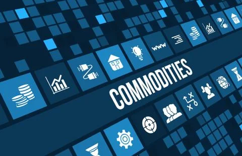 Commodities concept image with business icons and copyspace. Illustrazione stock
