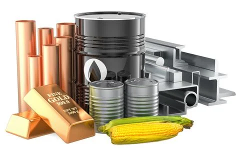 Commodities, economic resource. Oil, corn, gold ingots and rolled metal. 3D.. Illustrazione stock