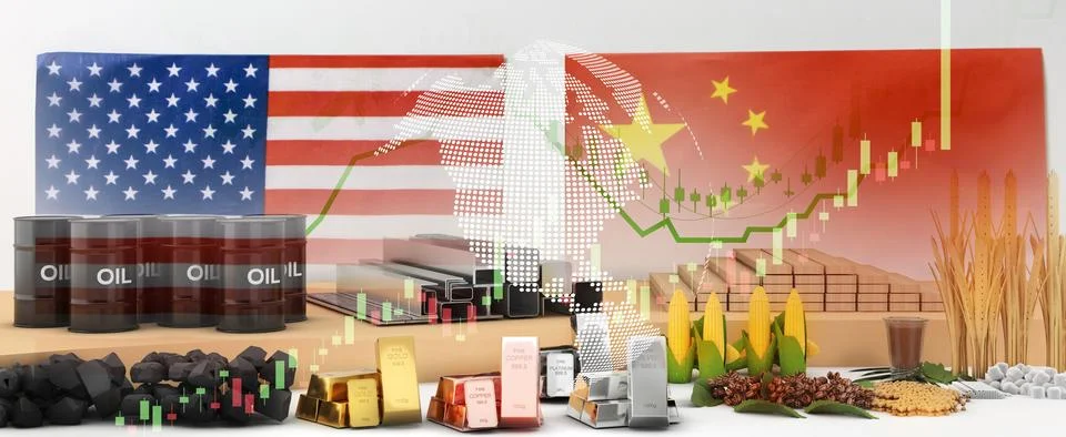Commodities Trade between US and China Import and export competition betwee.. Illustrazione stock