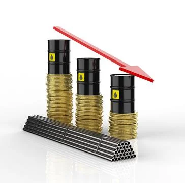 Commodity price falling concept with oil barrel and steel with arrow down Stock Illustration