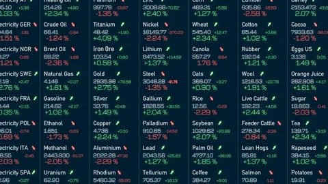 Commodity trading screen, prices for oil, metal, corn, wheat, gold, silver. Stock Footage 305037648