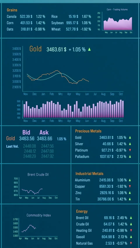 Commodity trading screen, rising gold and oil chart. Stock Footage 322616513