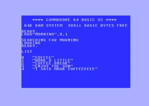 Commodore 64 load morning coffee humor Stock Illustration