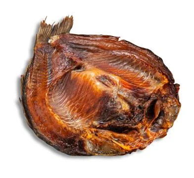 Common bream. Plast. Cut in half. Smoked. White background. Isolated. Stock Photos