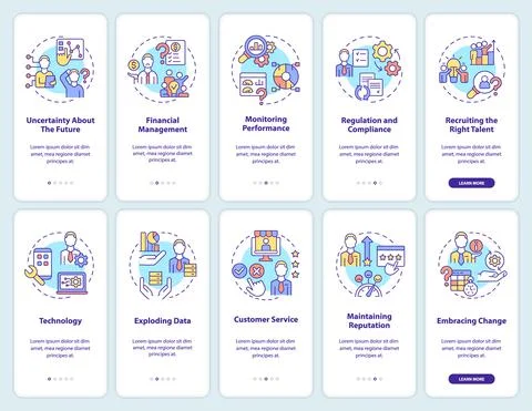 Common business problems onboarding mobile app screen set Illustrazione stock