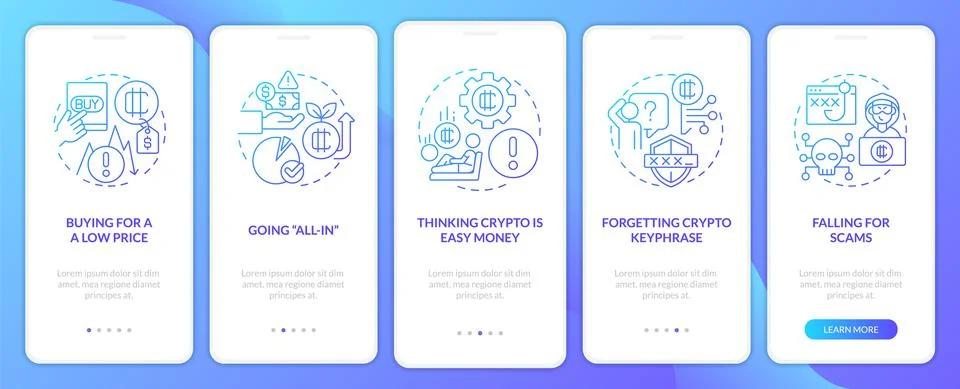 Common crypto mistakes blue gradient onboarding mobile app screen Stockillustratie