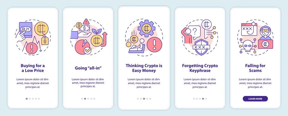 Common crypto mistakes onboarding mobile app screen Illustration