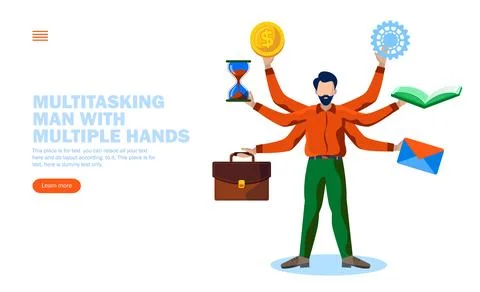 Common man multitasking with multiple hands vector illustration concept 스톡 일러스트
