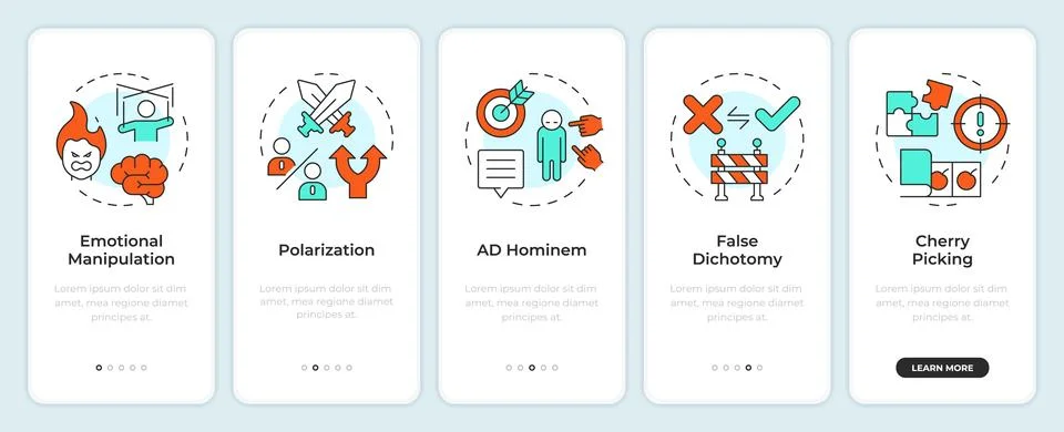 Common misinformation techniques onboarding mobile app screen Stock Illustration