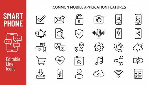 Common mobile application feature icons for smartphone UI with smartphone Stock Illustration