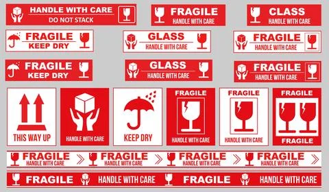 Common packaging, warning symbol set. red white flat style icons with frame Stock Illustration