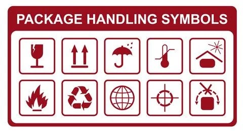 Common packaging warning symbol set. Red white flat style icons with frame Stock Illustration