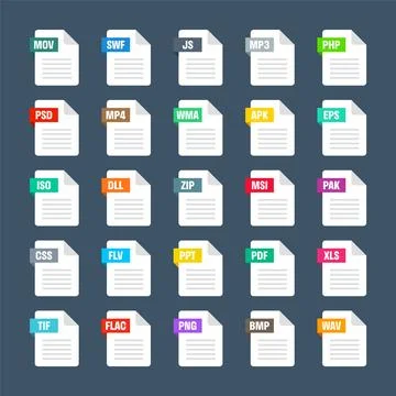 Common system file formats. Document types and extensions. Flat style icons Stock Illustration