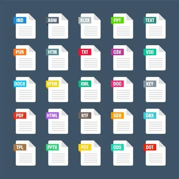 Common system file formats. Document types and extensions. Flat style icons Illustrazione stock