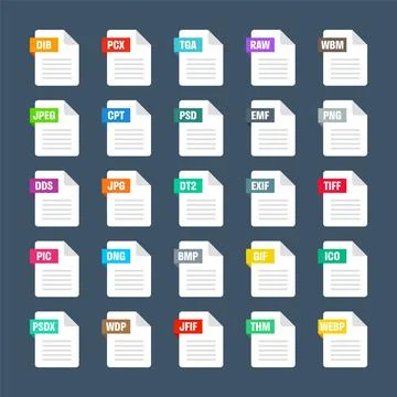 Common system file formats. Document types and extensions. Flat style icons Illustrazione stock
