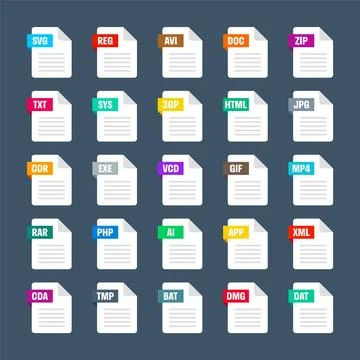 Common system file formats. Document types and extensions. Flat style icons Stock Illustration