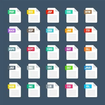 Common system file formats. Document types and extensions. Flat style icons 스톡 일러스트