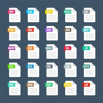 Common system file formats. Document types and extensions. Flat style icons Illustrazione stock