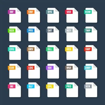 Common system file formats. Document types and extensions. Flat style icons Illustrazione stock