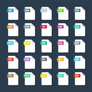 Common system file formats. Document types and extensions. Flat style icons Illustrazione stock
