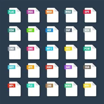 Common system file formats. Document types and extensions. Flat style icons Illustrazione stock