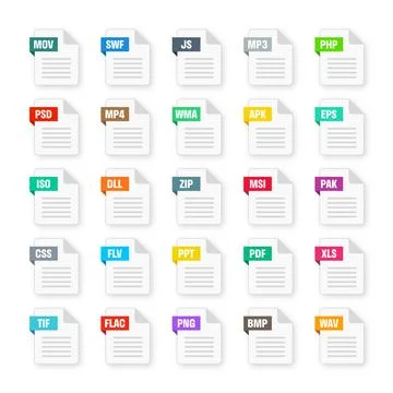 Common system file formats. Document types and extensions. Flat style icons Stock Illustration