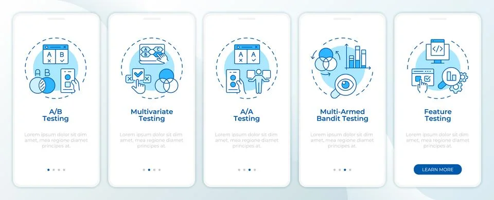 Common testing types utilized monochrome blue onboarding mobile app screen Stock Illustration