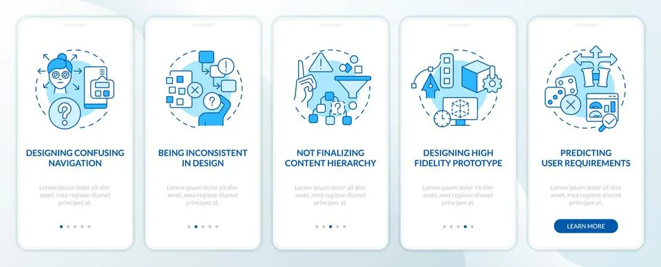 Common user experience mistakes blue onboarding mobile app screen Stock Illustration