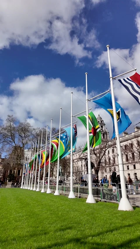 Commonwealth flags flutter over Parliament Square Garden in Westminster Vídeo Stock 332377848