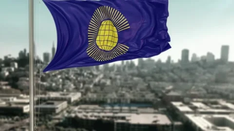 Commonweath Nations        Pole flag Against City Blurred Background 3D Rend Video stock 281239490