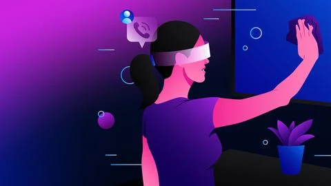 Commucating in Metaverse. Talking and Cleaning Woman in VR 스톡 일러스트