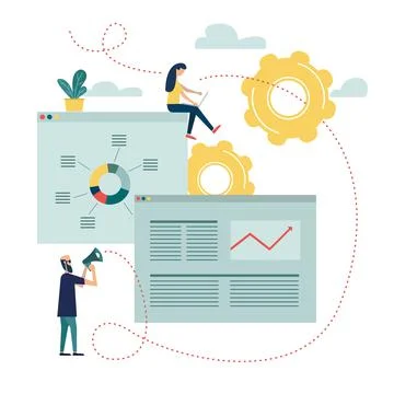 Communacation between web developers. A man gives advice to a woman on setting u Illustrazione stock