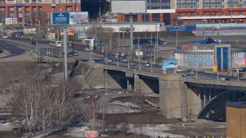 Communal bridge across Ob river in Novosibirsk, Russia Stock Footage 129685593