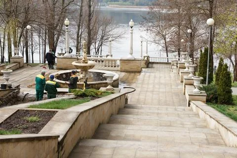 Communal workers carry out spring cleaning of fountains and waterfalls from.. Stock Photos