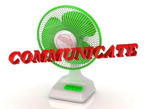 COMMUNICATE- Green Fan propeller and bright color letters on a white backgrou Stock Illustration